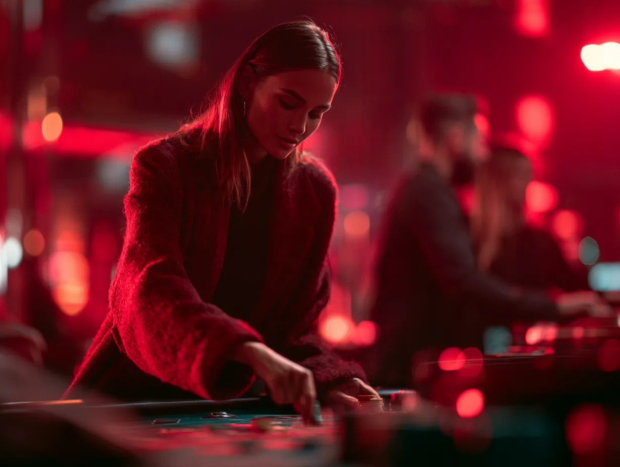 Crupier repartiendo fichas en la mesa del casino