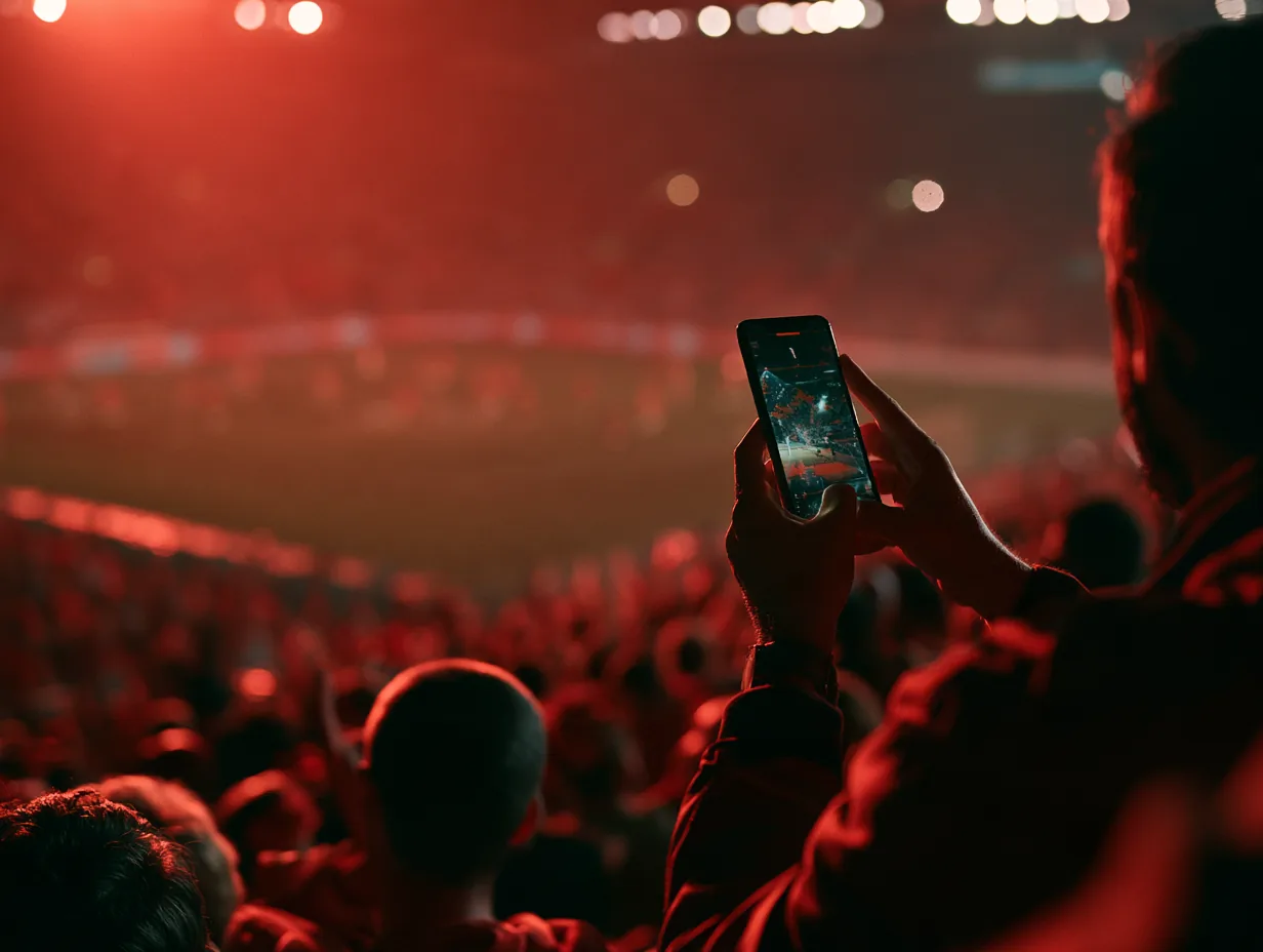 Hincha siguiendo el partido desde el teléfono en la tribuna