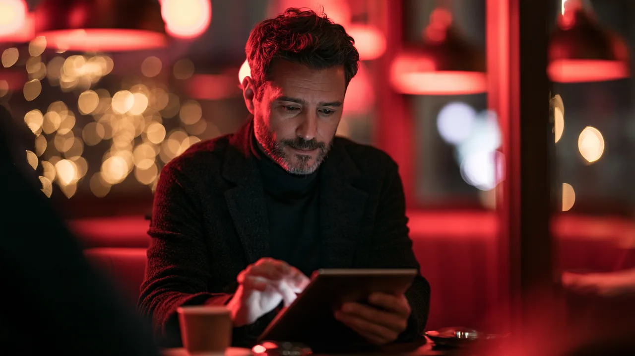 Hombre jugando desde la tablet en un bar con luces rojas